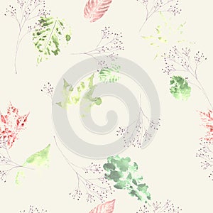 Abstract watercolor leaf traces and dry twigs seamless pattern