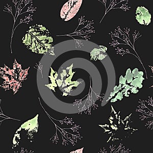 Abstract watercolor leaf traces and dry twigs seamless pattern