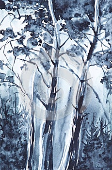 Abstract watercolor monochrome landscape of the Russian forest.Illustration photo