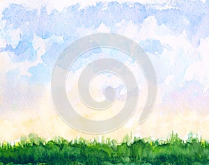 Abstract watercolor natural landscape with clouds and grass