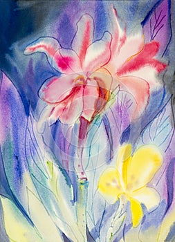 Abstract watercolor original painting colorful of canna lily flowers