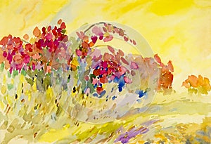 Abstract watercolor original painting on paper colorful of flowers
