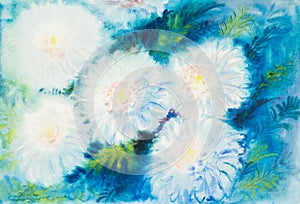 Abstract watercolor original painting white color of chrysanthem flowers