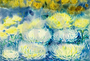 Abstract watercolor original painting white color of Chrysanthemum