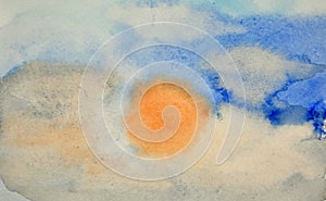 Abstract watercolor painted background with blue and orange colors