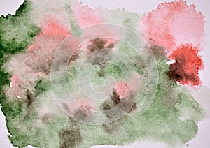 Abstract watercolor painted background with dark green and red colors