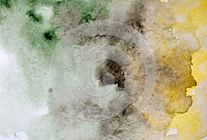 Abstract watercolor painted background with dark green and yellow colors