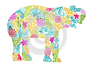 Abstract watercolor painted elephant design on white background