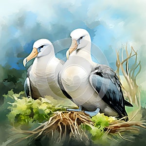 Abstract watercolor painting of a beautiful couple albatrosses. Monogamous birds. Generative AI