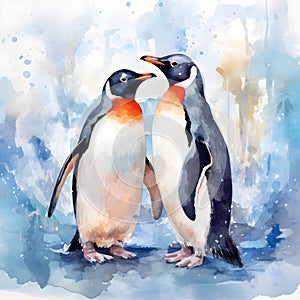 Abstract watercolor painting of a beautiful couple penguins. Adaptability and flair, friendship and unity. Generative AI.