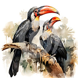 Abstract watercolor painting of a beautiful pair of hornbills. Ancient bird. Generative A