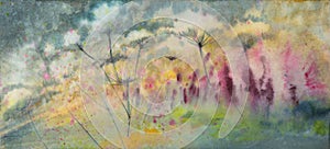 Abstract Watercolor painting of blooming spring flowers