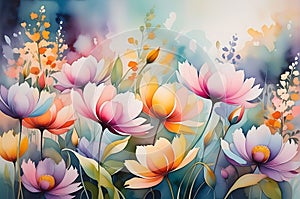 Abstract Watercolor Painting Featuring an Ensemble of Undefined Flowers - Merging Hues of Pink, Blue