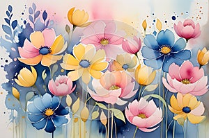 Abstract Watercolor Painting Featuring an Ensemble of Undefined Flowers - Merging Hues of Pink, Blue