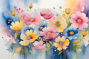 Abstract Watercolor Painting Featuring an Ensemble of Undefined Flowers - Merging Hues of Pink, Blue