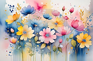 Abstract Watercolor Painting Featuring an Ensemble of Undefined Flowers - Merging Hues of Pink, Blue photo