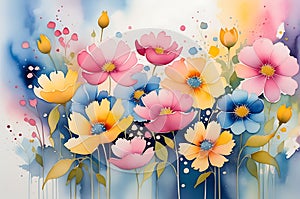 Abstract Watercolor Painting Featuring an Ensemble of Undefined Flowers - Merging Hues of Pink, Blue photo