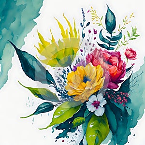 Abstract watercolor painting floral and leaves seasonal nature background.