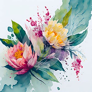 Abstract watercolor painting floral and leaves seasonal nature background.