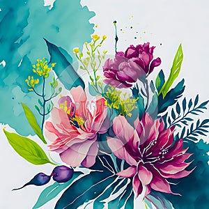 Abstract watercolor painting floral and leaves seasonal nature background.