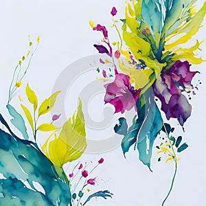 Abstract watercolor painting floral and leaves seasonal nature background.