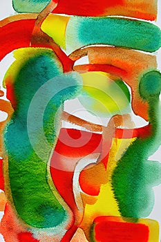 Abstract watercolor painting on paper, green, red, yellow color, Ai generated