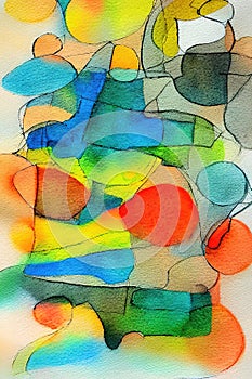 Abstract watercolor painting on paper, green, red, yellow color, Ai generated