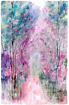 Abstract watercolor painting on paper, pink, violet, blue colors, Ai generated