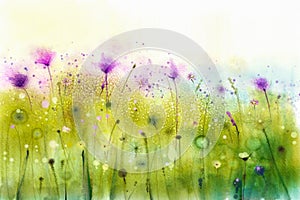 Abstract watercolor painting purple cosmos flowers and white wildflower