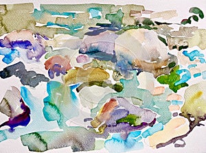 Abstract watercolor painting of stones in the river