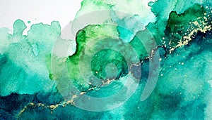 Abstract watercolor painting in teal and green color with fluid shapes. Textured blotches and blobs