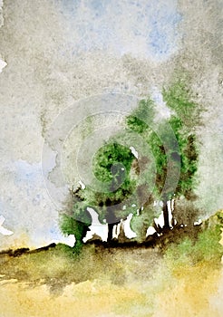 Abstract watercolor painting of top hill trees