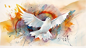 A abstract watercolor painting of a white dove of peace with wings spread. generative ai.