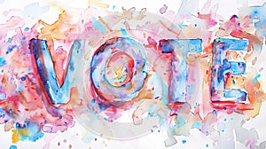 Abstract watercolor painting of the word VOTE with vibrant splashes. Artistic expression for election awareness and