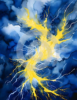 Abstract watercolor painting with yellow lightning-like branches against a deep blue and cloudy backdrop photo