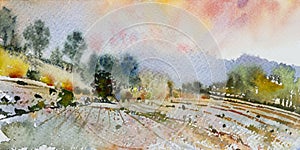 Abstract watercolor panorama of meadow field, farm with mountain and sky