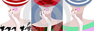 Abstract watercolor pattern three woman in hat, dress