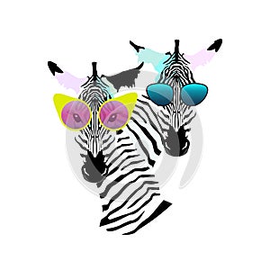 Abstract watercolor pattern Two funny striped Zebra girl man sunglasses