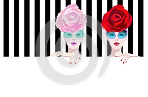 Abstract watercolor portrait surprised two girl model, hat pink red rose