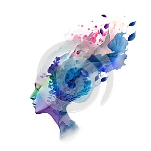 Abstract Watercolor Profile of a Woman with Leaves and Colors in her Hair 1