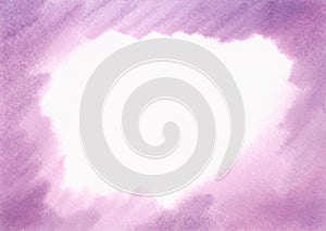Abstract watercolor purple lilac background frame of brush strokes on wet paper, hand-drawn.