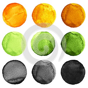 Abstract watercolor round painted backgrounds, blobs of blue, yellow, orange, black colors