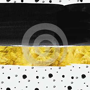 Abstract watercolor seamless pattern - gold foil stripe with black dots on white background