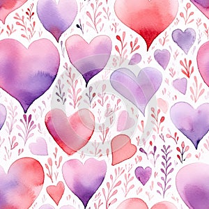 Abstract watercolor seamless pattern with pink, red and purple hearts. Love, Valentine day, wedding concept.