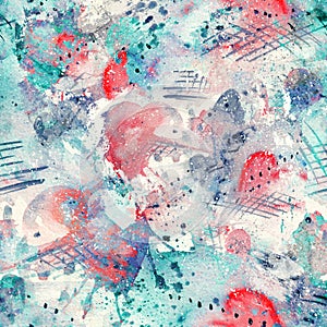 Abstract watercolor seamless pattern with splatter spots, lines, drops, splashes and hearts
