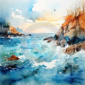 an abstract watercolor seascape with gestural mark making ad r photo