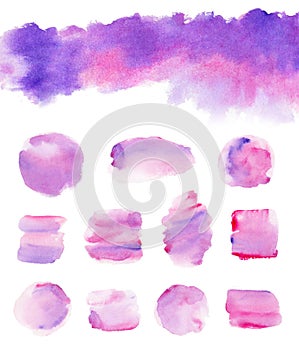 Abstract watercolor set of brushes of purple, violet and pink color stains isolated on white