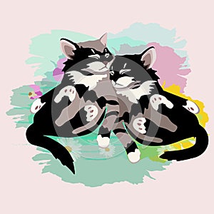 Abstract watercolor sketch two Funny black white cute kitten