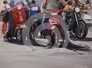 Abstract watercolor sketch view of scooters. photo