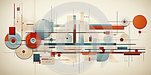 Abstract watercolor of spheres, circles and lines of different colors in postmodern and elegant style, organic orderly